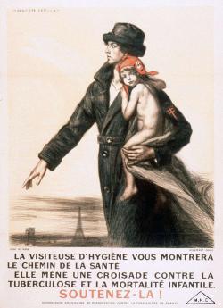 une visiteuse d’hygiène portant sur sa manche la double croix, symbole de la lutte internationale contre la tuberculose, protège une fillette coiffée du bonnet phrygien.