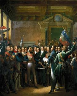 Lecture à l'hôtel de ville de Paris de la déclaration des députés et de la proclamation du duc d'Orléans, lieutenant général du royaume.