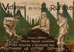 un mineur allemand forcé de travailler sous la menace d’une baïonnette brandie un soldat français, en face mineur français qui s’adresse à son camarade allemand