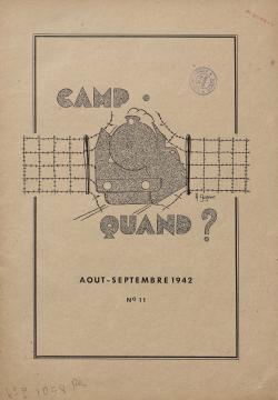 Une du journal d'un stalag, une poignée de main en forme de cadenas et des bras en fer barbelé