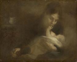 jeune femme et de son nourrisson : celui-ci tend sa petite main vers le visage de sa mère qui le berce