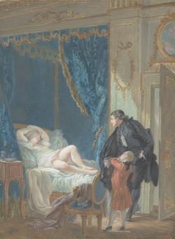 homme en tenue ecclésiastique accompagné d’un jeune page regarde une femme nue au lit