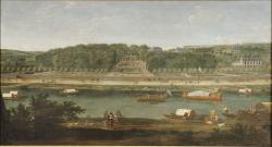 la Seine à Saint-Cloud au XVIIe siècle avec une cascade et des embarcations