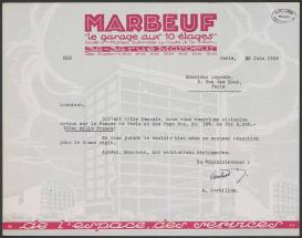 Lettre sur papier à e-tête du garage Marbeuf à A. Laprade, 25 juin 1929