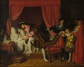 Le roi François 1er embrasse Léonard de Vinci mourant sur son lit, entouré de personnages en deuil.