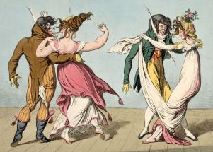 Deux couples en costumes extravagants valsant