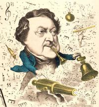 caricature d'un homme avec une cloche, un canon et des notes de musique