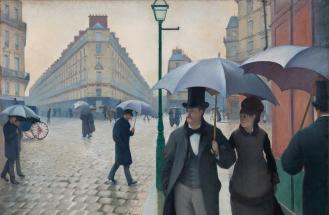 des passants dans une rue parisienne avec des parapluies