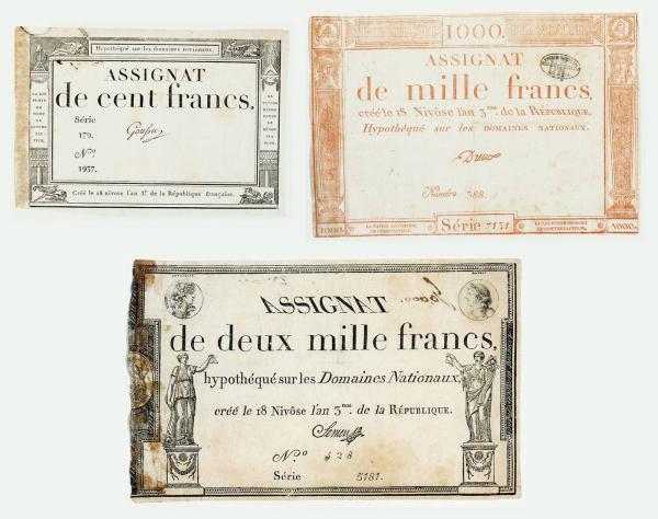 Assignats de cent, mille et deux mille francs.