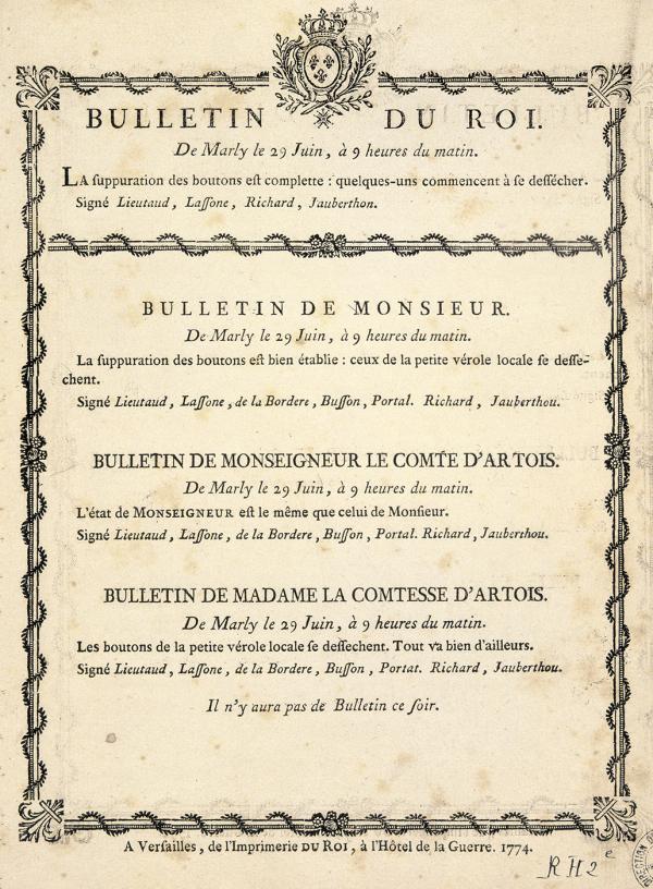 Bulletin de santé de la vaccination de Louis XVI, du comte de Provence, du comte d'artois et de la comtesse d'artois