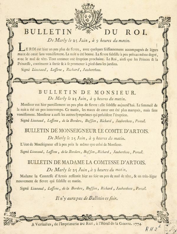 Bulletin de santé de la vaccination de Louis XVI, du comte de Provence, du comte d'artois et de la comtesse d'artois