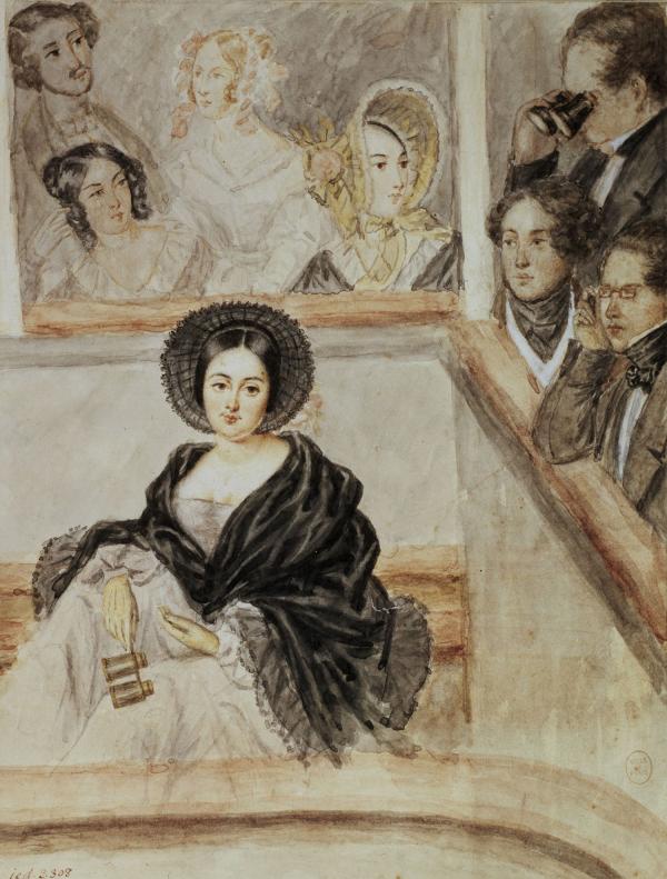 Portrait d'alphonsine dite Marie Duplessis (la Dame aux camélias), assise au balcon d'un théâtre, 1845