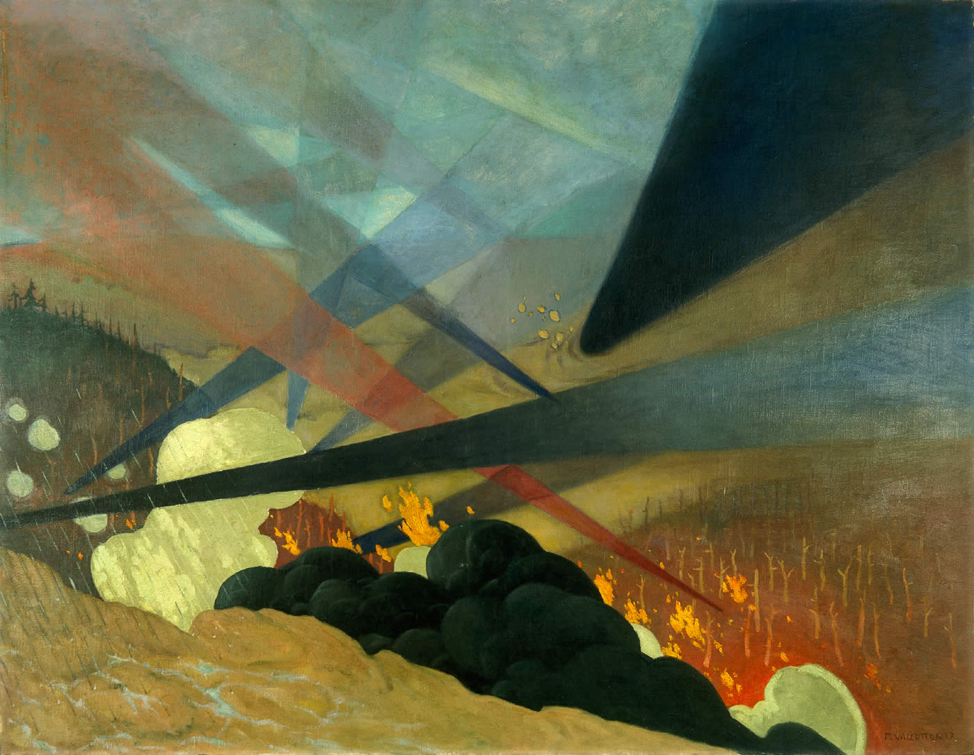 Verdun. Tableau de guerre interprété, projections colorées noires, bleues et rouges, terrains dévastés, nuées de gaz. Félix Vallotton (1865-1925)