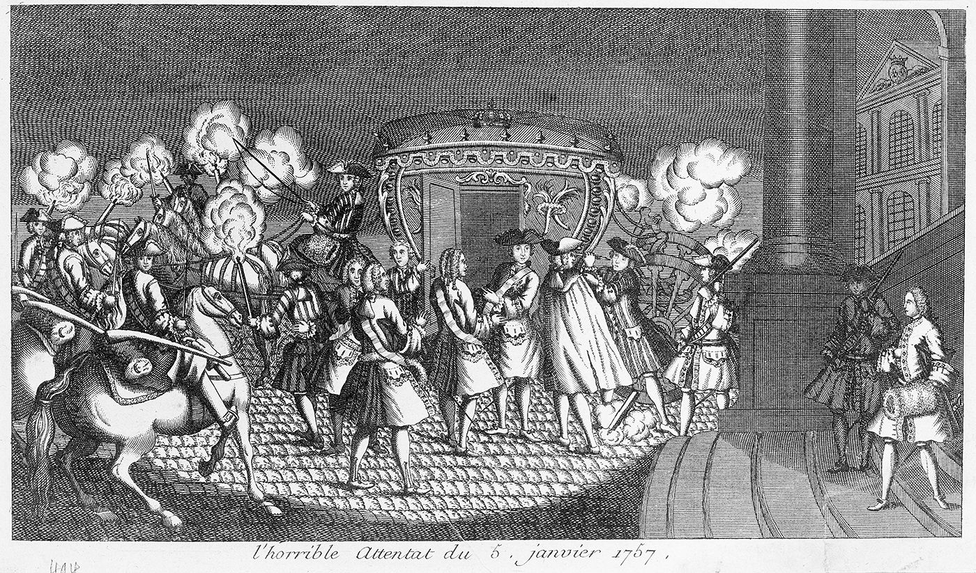 Attentat de Damiens contre Louis XV le 5 janvier à 5h45 du soir. Attentat contre Louis XV 05 janvier 1757 Musée national du Château de Versailles Attentat de Damiens contre Louis XV le 5 janvier à 5h45 du soir. Attentat contre Louis XV 05 janvier 1757 Musée national du Château de Versailles